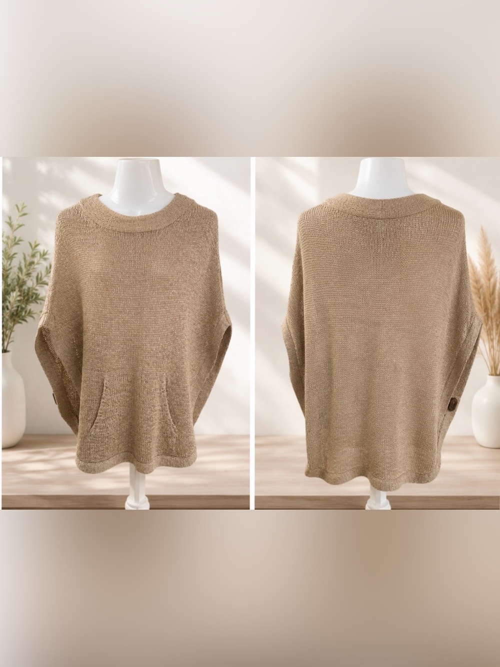 CHICOs  Poncho, Small/Medium, Neutral Beige Color. Front hand pocket.